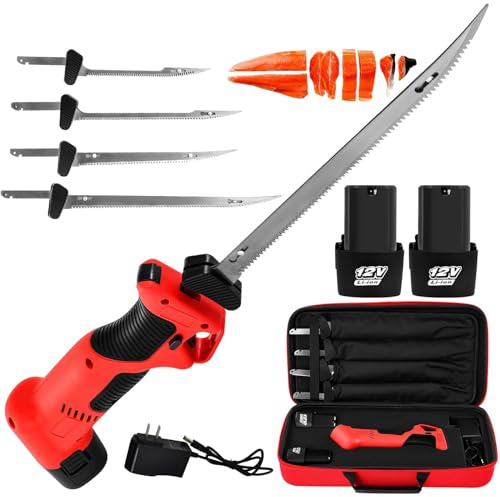 Coltello Elettrico per Filettare a Batteria, Coltello per Filettare Pesce Ricaricabile con 4 Lame Antiaderenti Rivestite in Nitruro di Ti e 2 Batterie, Blocco di Sicurezza, per Casa, Ristorante
