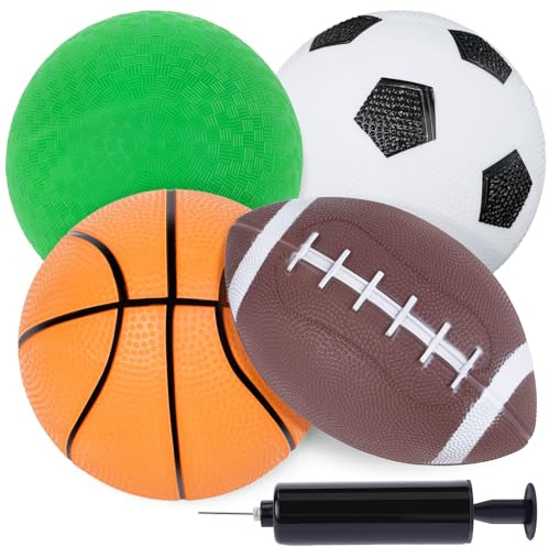 LovesTown 4-Pack Sports Balls, 5-Inch Soccer, Basketball, Playground Balls & 7 Inch Footballs for Toddlers with Pump Indoor Outdoor Toys Birthday Party Favors for Kids