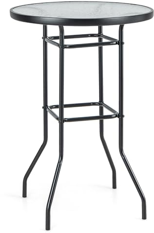 KOMFOTTEU Runder Gartentisch, hoher Beistelltisch aus gehärtetem Glas, Beistelltisch klein Ø68cm, Balkontisch Bartisch wetterfest, Bistrotisch Kaffeetisch Outdoor für Terrasse, Hof