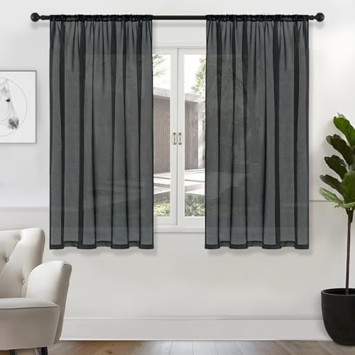 MRTREES Vorhänge Anthrazit Gardinen mit Store Vorhang Voile halbtransparent kurz in Leinenoptik Gardine Schals 160×140cm (H×B) 2er Set für Wohnzimmer Schlafzimmer Kinderzimmer Living Room