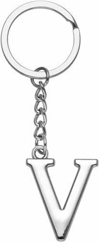LUODAN Cadeau Femme Homme Porte-clés, Argent A-Z 26 lettre initiale pendentif porte-clés-Cadeaux Sœurs Amitié Collègue Papa Marraine Parrain idées Cadeaux Meilleur Ami Anniversaire (V)