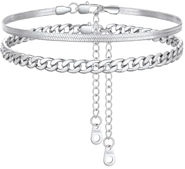 FindChic Fussketten für Frauen Schlangekette Fußkette Silber Panzerkette Fußkette Edelstahl Armband 2 Stück Sommer Strand Fussband 22+5cm Länge Wasserfest, 22+5cm