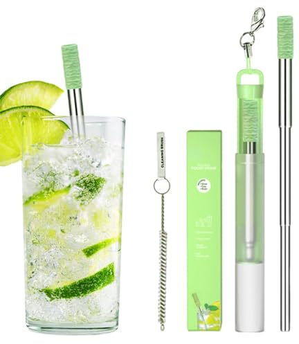 Reusable Stainless Steel Drinking Straws - Telescopic Drinking Metal Straws | Telescopic Pocket Drinking Straw Set with Case and Cleaning Brush for Travel