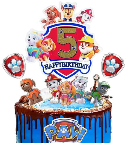 Ctxtqtdt Paw Dog Tortendeko 5. Geburtstag Junge Mädchen, Cake Topper, Kuchen Deko Set, Happy Birthday Topper für Kinder Party Supplies (5)