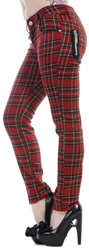 Tartan Skinny Hose Damen Plaid Check Emo Punk Hose, Rot, L