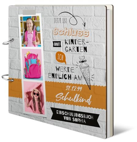 Personalisiertes Gästebuch Schulanfang 3 Fotos Einschulung 72 Blatt / 144 Seiten 120g/qm Naturpapier, Ringbindung zum Öffnen, HDF Holzcover mit intensivem UV-Druck Endlich Schulkind 215x215mm