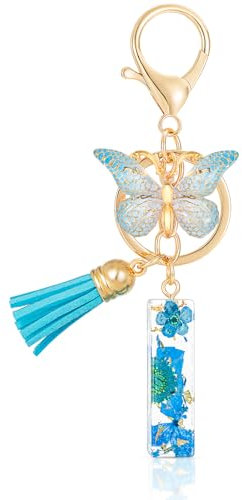 MWOOT Letter Keychains Initiale Lettre Porte Clef Lettre I,Alphabet Initial Keyring avec Papillon Pendentif,Bleu Pétales Feuille D'or Key Ring pour Femmes Filles Portefeuilles Sac à Main Charme (I)
