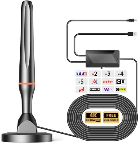 Antenne TV Intérieure Puissante TNT HD, 2025 le plus récent Antenne TV Intérieur avec Amplificateur de Signal à Gain Élevé, Réception Longue Portée à 360° avec Base Magnétique Solide pour,Antennes TNT