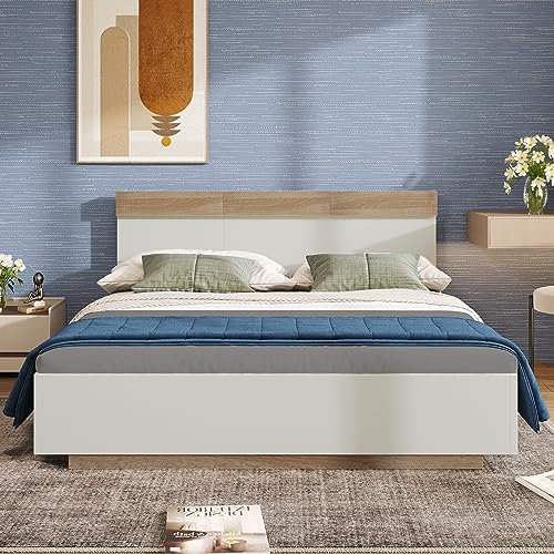 Generisch Doppelbett Holzbett, Bett mit Kopfteil und Lattenrost aus Holz, Klassisches Bettgestell aus Holz, Schlafzimmer Komplett, Eiche Sonoma/Weiß, Ohne Matratze (2, 140×200cm)
