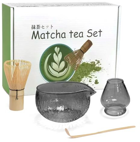 Mycketop Lot de 4 verres à matcha avec chasen en bambou, cuillère à café, support en verre, bol à bec, accessoire parfait pour la préparation traditionnelle du matcha, cadeau pour les amateurs de