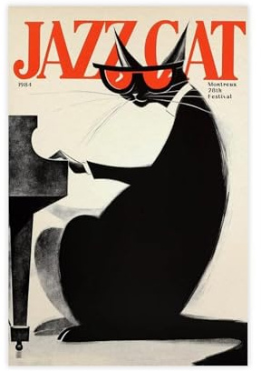 WJWART Jazz-Katzen-Druck, Jazz-Club-Poste, Leinwand-Poster, Wandkunstdruck, Bild, Gemälde, 40 x 60 cm