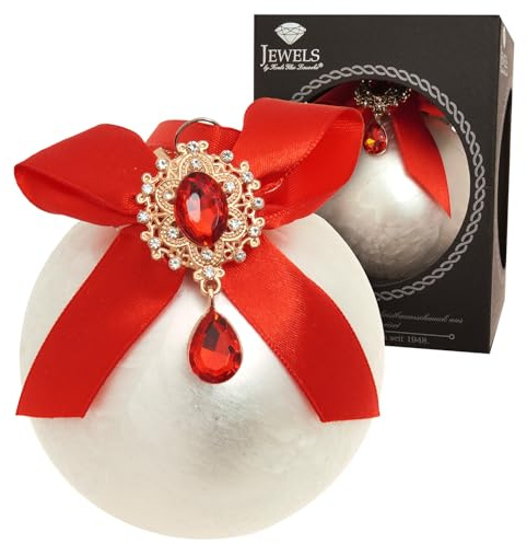 Krebs Glas Lauscha Weihnachtskugel Weiß - Ø 8 cm - edle Kugel mit Strass, Schleife & Eisstruktur - Weihnachtsdeko aus Glas - Christbaumschmuck elegant & hochwertig - Festliche Winterdeko