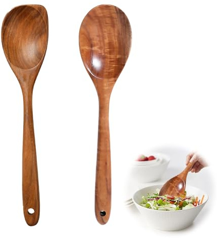 2PCS Wooden Spoons for Cooking, Large Wooden Spoon, Heat Resistant Wooden Cooking Utensils, Wooden Cooking Spoon, for CookingNon Stick Kitchen Utensil, Natural Wood Corner Spoon Round Spoon
