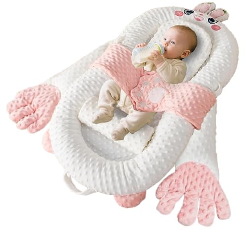 Tragbare Babyliege weich bequem wendbar Liegekissen für Säuglinge mit beruhigenden Händen faltbar abnehmbar Häschen-Kuschelnest für Neugeborene