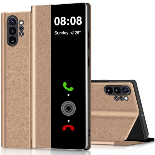 Coque pour Samsung Note 10 Plus Clear View Cover Coque pour Samsung Galaxy Note 10 Plus Etui à Rabat Protection Case Flip Silicone TPU Antichoc Mince Douce 360 Full Body Antichoc Housse 5G (Doré1)