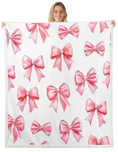 feelingyou Rosa Bowknot Fleece Decke, Zwillinge Größe Kawaii Prinzessin Stil Bett werfen Bügelkrawatte Knoten Geometrische Patchwork Mode Heimdekor für Büro