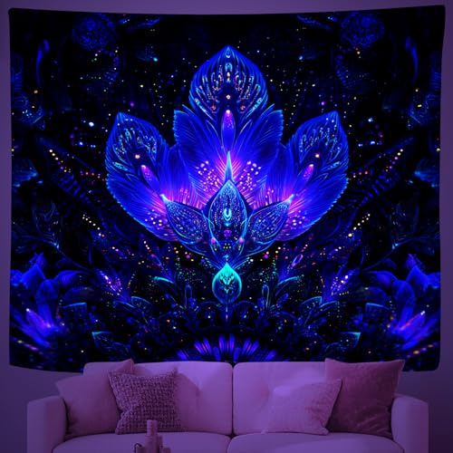 Schwarzlicht Leuchtender Lotus Wandteppich, UV-reaktiv Kosmische Blüte Muster Leuchtender Wandteppiche Wandbehang, Glow In The Dark Tapisserie für Schlafzimmer Wohnzimmer Wanddekoration, Art53