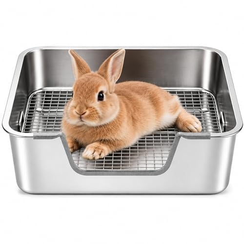 HYLYUN Kaninchen Toilette aus Edelstahl mit Schutzgitter, 40 x 30 x 15 cm | 6 cm niedriger Einstieg, Urinbeständig, leicht zu reinigen, mit Anti-Rutsch-Füßen, Ideal für Kaninchen oder Meerschweinchen