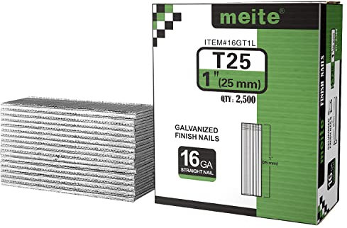 meite T25 16 Gauge Finish Nails, 25 mm 16GA Straight Finish Nails Galvanized Finishing Nail for Nailer Guns - Ideal for Woodworking, Upholstery, and Framing Projects (2,500 Counts)