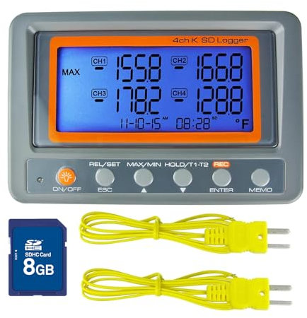 Enregistreur de données programmable de température à thermocouple multi-4 canaux avec alarme | Type K | Carte SD | Avertisseur | DIRIGÉ