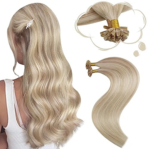 Moresoo Blonde Utip Human Hair Extensions Keratin Hair Extensions Ash Blonde with Platinum Blonde Fusion Hair Extensions 18 Inch 50g,50s/Pack #P18/613