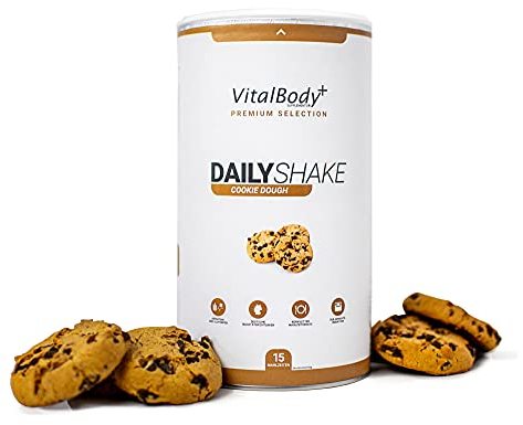 VitalBody+ DailyShake, Cookie Dough, 450 g, Mahlzeitenersatz-Shake zum Abnehmen, 15 Mahlzeiten, nur 250 kcal pro Shake, vollwertig & kalorienarm ersetzen