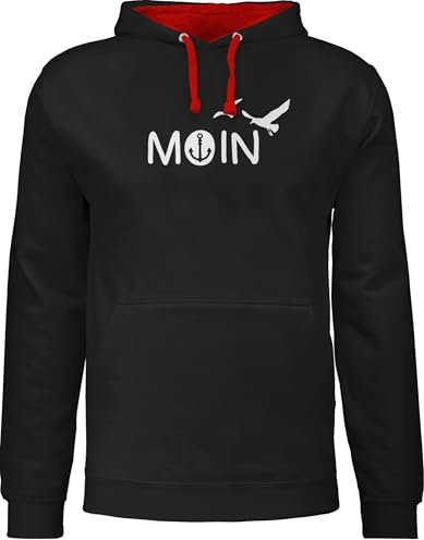 Pullover Herren Frauen Hoodie Kontrast zweifarbig - Sprüche Statement - Moin Moin Hamburg Maritime Nordsee Geschenk - XXL - Schwarz/Rot - hoody ostsee mit aufschrift boot hoddies statements möwe