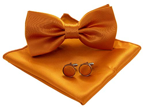 JEMYGINS Fliege Herren Orange 3 Satin Zweifach Gefaltet und Einstecktuch mit Manschettenknöpfe Sets(8)