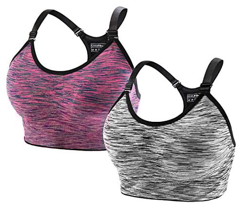 2 Stücke Sport BH Damen Push Up Sport Bustier Ohne Bügel Starker Halt Gepolstert Verstellbare Träger Sports Bra für Yoga Running Fitness BHS (Schwarz Violett, XL)