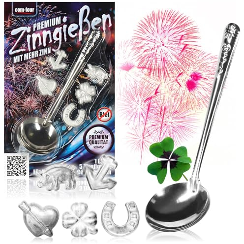 com-four® Premium Zinngießen mit 5 extra schweren Figuren und 1 Löffel, Silvestergießen das Wahrsagerei-Partyspiel die gesunde Alternative zum Bleigießen (Best - 5g - 06-teilig)