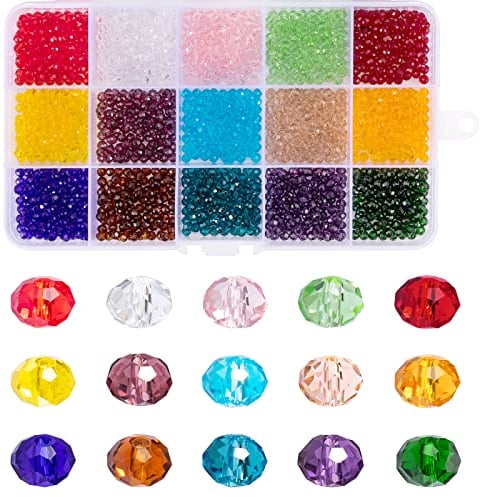 MissAudrey 1500pcs 4mm Wholesale Briolette Faceted Rondelle Crystal Glass Beads Jewellery Beads for Bracelet Necklace Jewelry Making DIY Craft Project with Container Box (15 Colors)