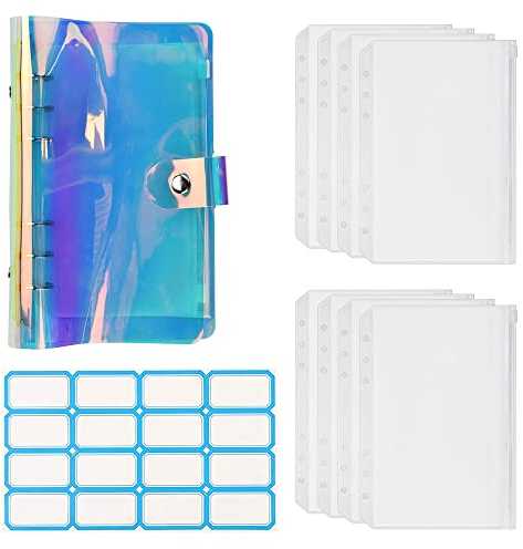 A6 Loseblatt Notizbuch Binder, STCRERAG PVC Notizbuch Set mit Etikettenaufkleber und 8 Pcs Transparent Loseblattbeutel, 6 Ring Bunt Geld Organizer Dauerhaft Ringbuch Ordner für Quittungen Bargeld