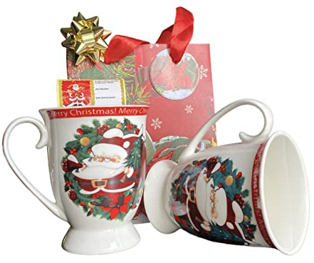 GMM Tazza Natalizia Mug, Tazza Mug a tema Natale, corredata di Busta Natalizia con decoro Glitter, manici in cordoncino di stoffa Rosso e adesivo chiudi pacco Natalizio. (Bianco_Albero)