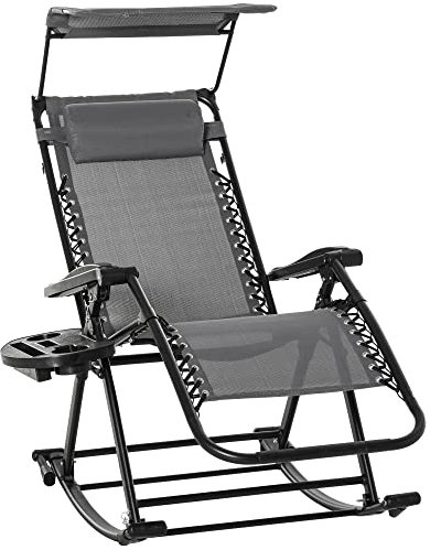 Outsunny Garden Rocking Chair Folding Recliner Outdoor Adjustable Sun Lounger Rocker Zero-Gravity Seat with Headrest Side Holder Patio Deck - Grey