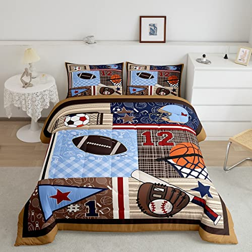 Bettwäsche-Set für Jungen, Bälle, volle Größe, braunes Karomuster, 3-teilig, für Kinder, Teenager, Raumdekoration, Basketball, Baseball, Fußball, Bettbezug, bunt, Ball, Sport, Gaming, Steppdecken-Set