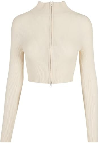 Urban Classics Women's Ladies Cropped Rib Knit Zip Cardigan Sweater, whitesand, XL