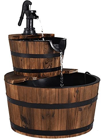 COSTWAY Wooden Water Pump Fountain, 2 Tier Barrel Waterfall Fountain with Water Speed Adjustment and Plastic Lining, Outdoor Cascading Water Feature for Garden