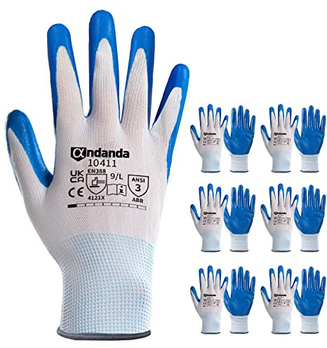 ANDANDA Arbeitshandschuhe, Arbeitshandschuhe Herren mit Nitril Beschichtung,Gartenhandschuhe damen für Montagearbeit,Mechaniker, Gartenarbeit und Bauarbeiten,Gr. M, 6 Paar