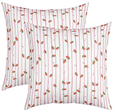 Erdbeere Wurf Kissenbezüge 50x50, Kinder Kawaii Kissenbezüge, Mädchen Frauen Niedliche Frucht Erdbeere Kissenbezüge, Rosa Geometrische Streifen Dekor Kissenbezüge für Zuhause Büro Sofa Couch Bett