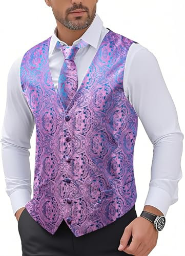 Hi-Tie Herren-Seiden-Anzugweste, formelle Herrenweste, Paisleymuster, Jacquard, Krawatte, Einstecktuch, Set für Hochzeit, Smoking, Lavendel, Large