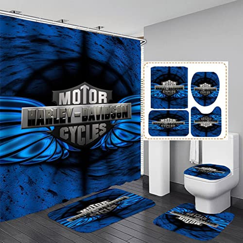Motorräder Duschvorhang-Set für Badezimmer, 4 Stück WC-Vorleger + WC-Deckelbezug + Badematte + Duschvorhang 3D-Hd-Druck Duschvorhang 180X180 cm