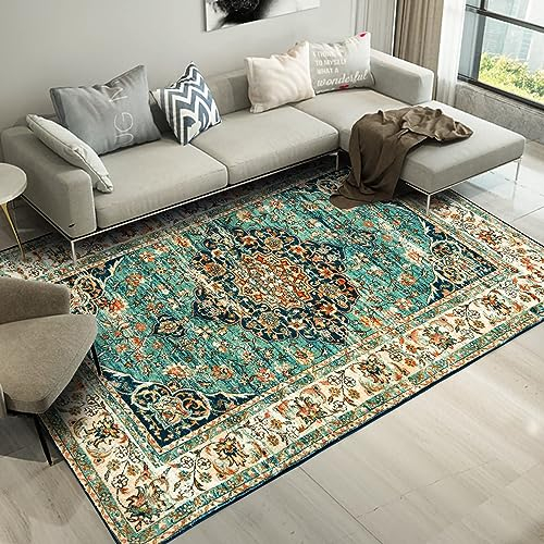 CHOSHOME Waschbarer Teppich Wohnzimmer Vintage Kurzflor Teppich Groß Orientalischer Teppich für Esszimmer Schlafzimmer rutschfest Teppich Kunstwolle Boho In & Outdoor Teppich Läufer 160x230CM Blau