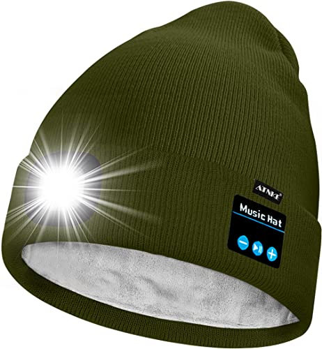 ATNKE Unisex LED Lighted Bluetooth Beanie Hat,USB Rechargeable 4 LED Running Headlamp Ultra Bright Music Speaker Cap with Head Torch Winter Warm Lined Fleece Gifts for Men and Women/Army Green