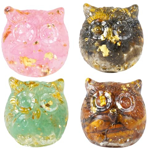 Soulnioi Mini-Eulen-Figuren aus natürlichem Kristall, Edelstein, Harz, geschnitzte Eulen, geschnitzte Ornamente für Heimdekoration, Outdoor-Dekoration, Figuren, Geschenk, 4 Stück