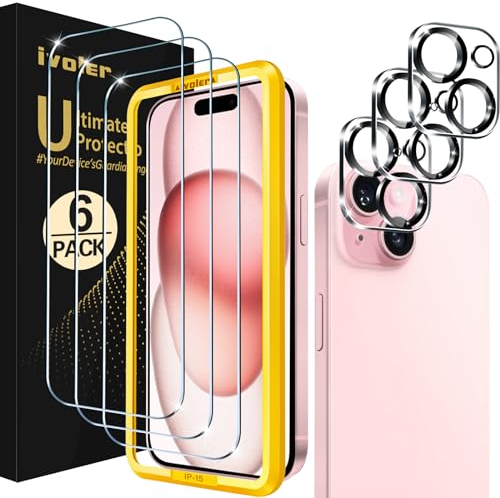 ivoler 7 en 1 Verre Trempé Compatible avec iPhone 15 6.1 Pouces, 3 Film de Vitre Protection d’écran avec 3 Caméra Arrière Protecteur et Outil D'alignement Facile, sans Bulles, 9H Dureté