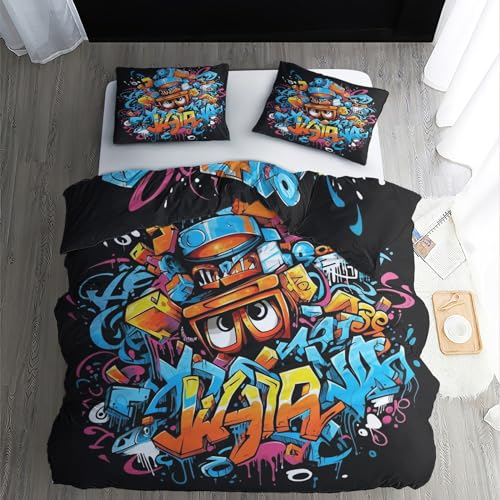 ZDABAOEC Bettwäsche Graffiti 140x200, Hip Hop Wendebettwäsche, 110gsm Microfaser Bettbezug 2er Set, Weich Kuschelig Bügelfrei, 1 Kopfkissenbezug 70x90, mit Reißverschluss