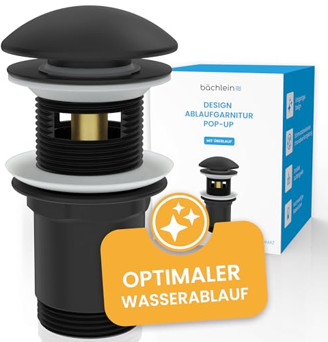 Bächlein Design Ablaufgarnitur mit Überlauf (Matt Schwarz) - Pop Up Ventil aus Messing mit innovativer Kappenform gegen Wasserflecken Kalkränder