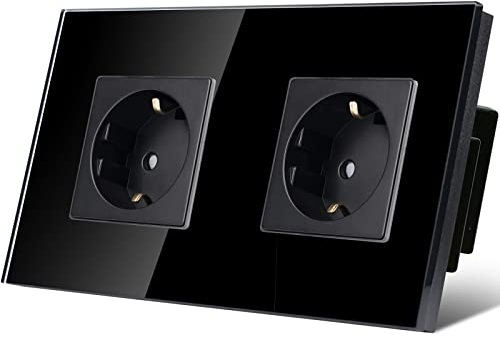 TAWOIA Schuko Steckdose,EU-Standard 2 Fach Steckdose Glas Unterputz Steckdose,Steckdosen mit Kristall Glas Platte Doppel Wandsteckdosen Schwarz 86 * 157mm