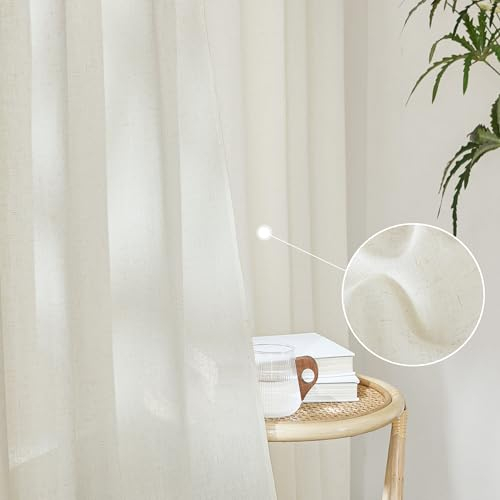 KGORGE Schlafzimmr Gardinen Landhausstil Leinen Vorhang Hellbeige Ösenschal 2er Set Boho Leinenoptik Halbtransparente Leinenvorhang mit Ösen Linen Curtains for Living Room, 200cm x 140cm(HxB)