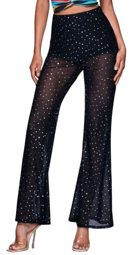 GORGLITTER Mesh Hose Damen Festival Schlaghose Mit Pailletten Transparente Hose Glitzer Party Hosen Schwarz M